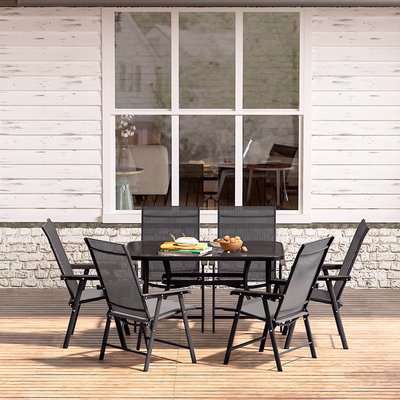 7-Piece Outdoor Patio Dining Bistro Set - Black / 6 folding chairs and a 120cm Rectangle dining table