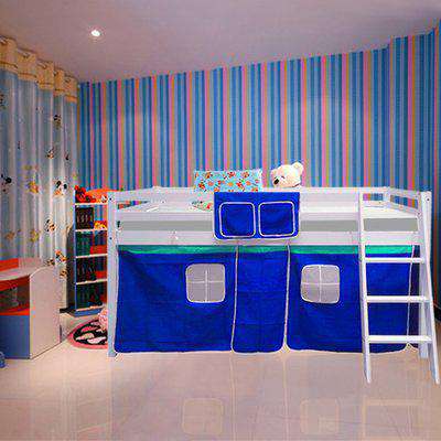 Pine Wood Cabin Ladder Bed Mid Sleeper Kid Tent - Blue