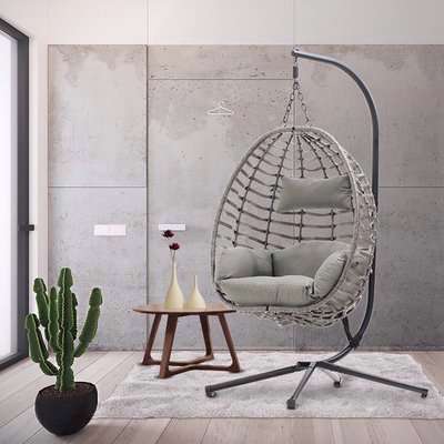 Rattan Swing Seat Hanging Folding Basket Egg Chair Garden Patio - Grey