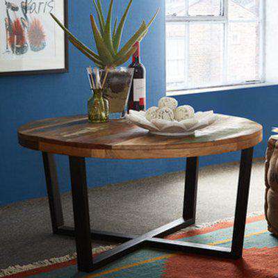 Reclaimed Boat Wood and Reclaimed Metal Round Coffee Table - Brown