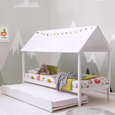 Robin Kids White Wooden House Bed With Roof  Trundle Bed - White