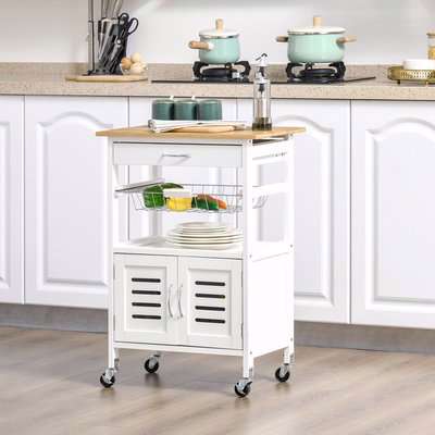 Rolling Kitchen Island Trolley with Bamboo Table Top - White