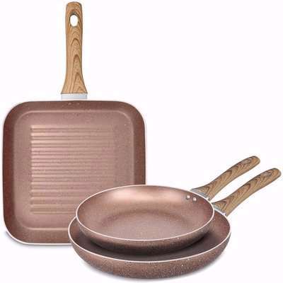 Rose Gold 3 Pcs Frying Pan Griddle Cookware Set - Rose Gold