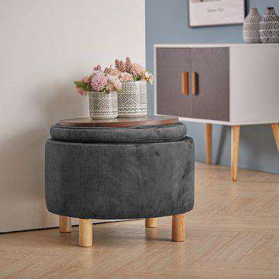 Round Velvet Fabric Storage Ottoman Footrest  - Grey