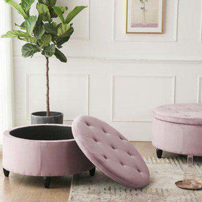 Round Velvet Storage Ottoman - Grey-Pink / 60cm