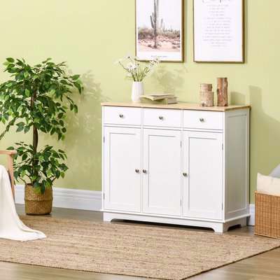 Rubberwood Top Sideboard, Buffet Cabinet with Storage Cabinets - White