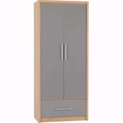 Seville 2 Door 1 Drawer Wardrobe - Grey High Gloss, Light Oak Effect Veneer