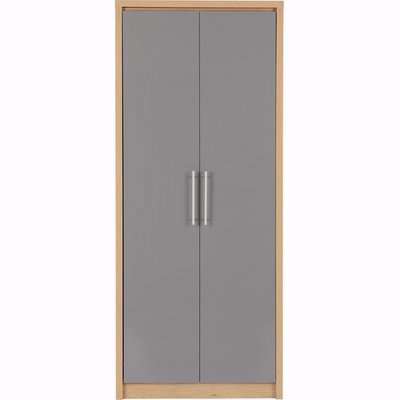 Seville 2 Door Wardrobe - Grey High Gloss, Light Oak Effect Veneer