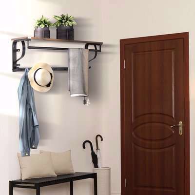 Shelf for Wall With Hooks and Hanging Rod Floating Shelf - Brown, Black