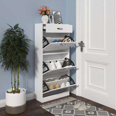 Shoe Cabinet with 4 Drawers & Flip Doors - White