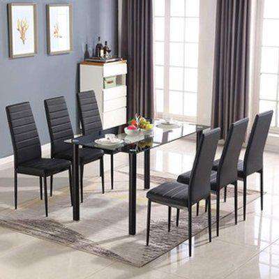 Stunning Glass Black Dining Table and 6 Faux Leather Chairs - Black