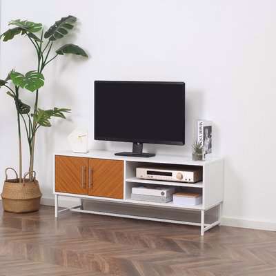 TV Stand with Open Shelves and Storage Cupboard with Door - White, Brown
