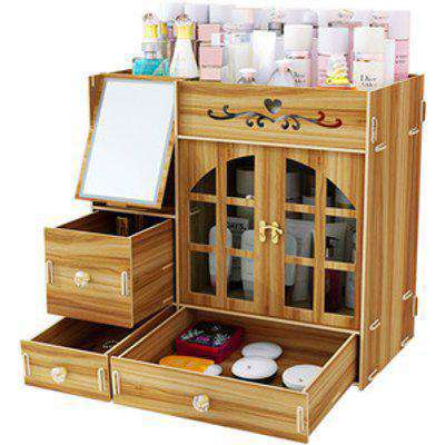 Wooden Self-Assembly Cosmetics Storage Box Organizer with Mirror - Light Brown